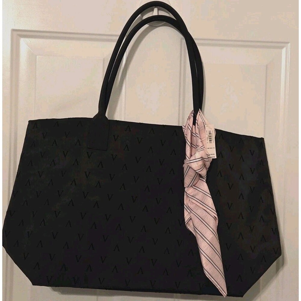 VICTORIA'S SECRET BLACK VELVET  LOGO TOTE BAG W/ Detachable scarf - NWT